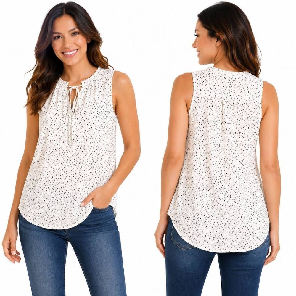 LOFT M White Black Print Tie Neck Sleeveless Top